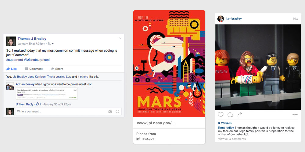 Some different card examples from Facebook, Pinterest and Instagram
