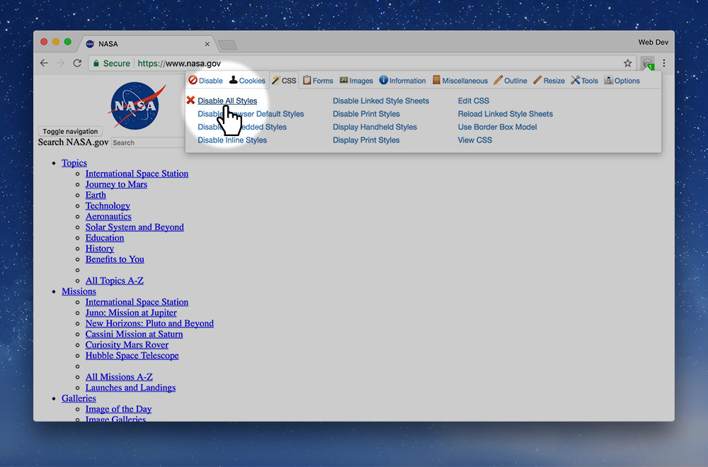 NASA’s website with CSS disabled